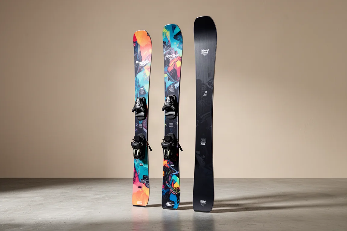 Three Line Bacon powder skis in three widths standing upright on concrete