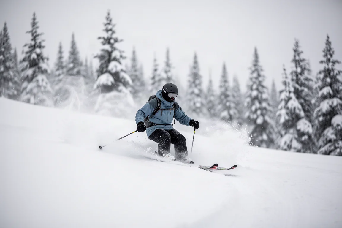 Skier floating through deep powder beside a soft snow trail edge