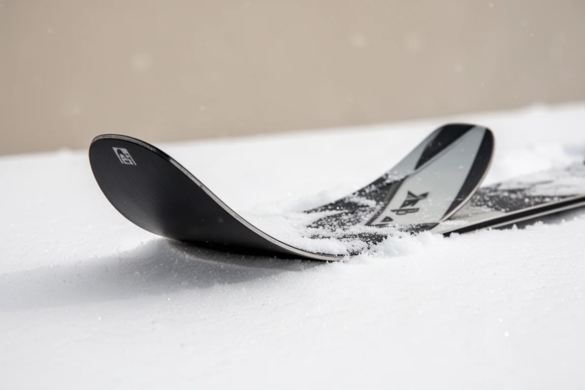 Close-up of a powder ski tip showing pronounced rocker curve in fresh snow