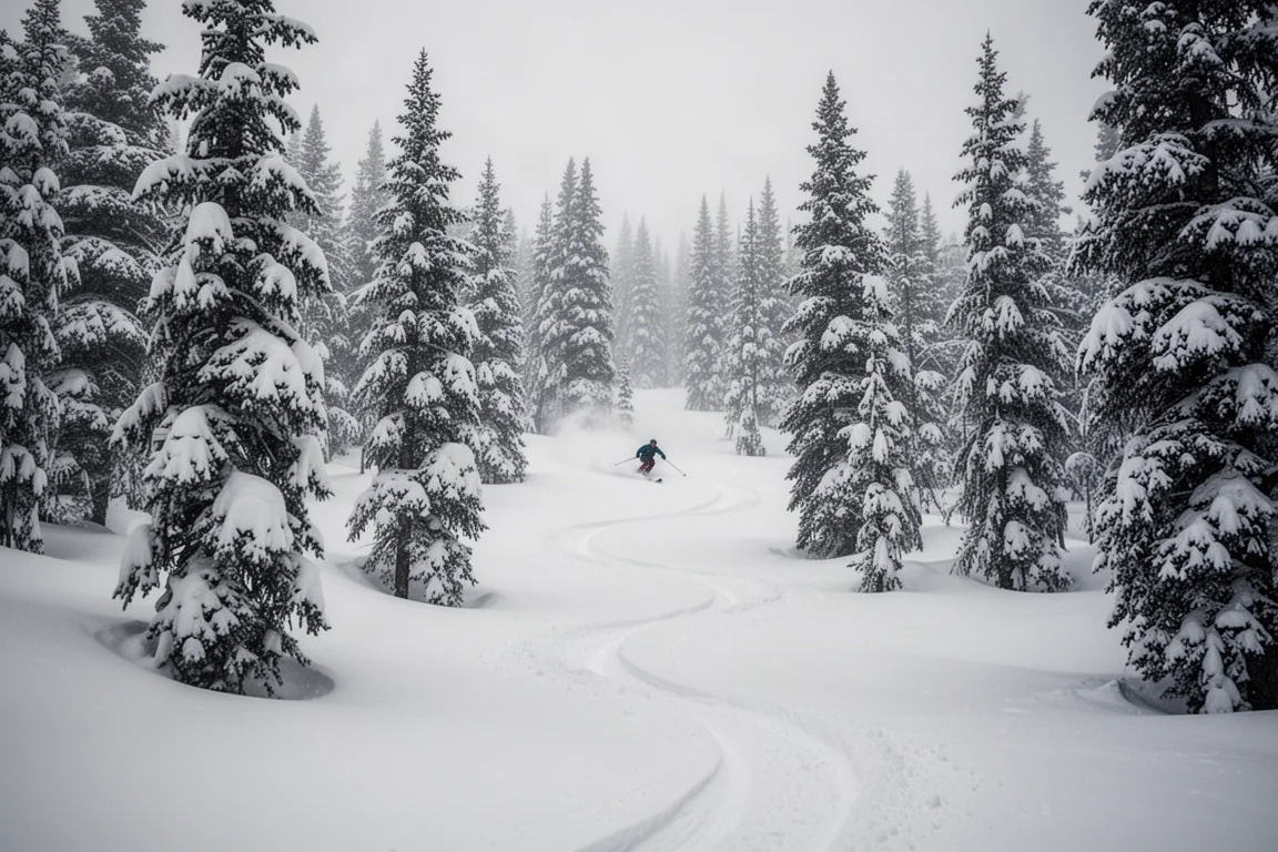Skier weaving between snow-covered trees in a gladed powder run