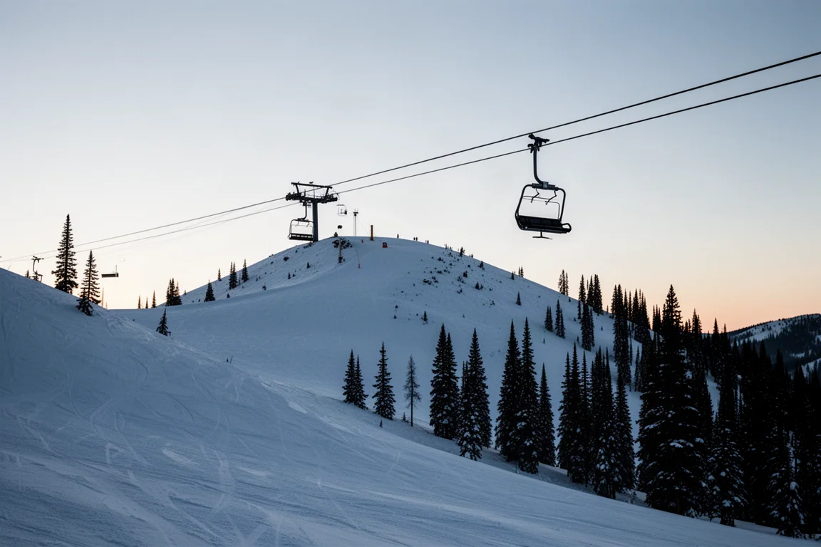 Snowy mountain ridge at dusk with untouched powder field and lift cable above