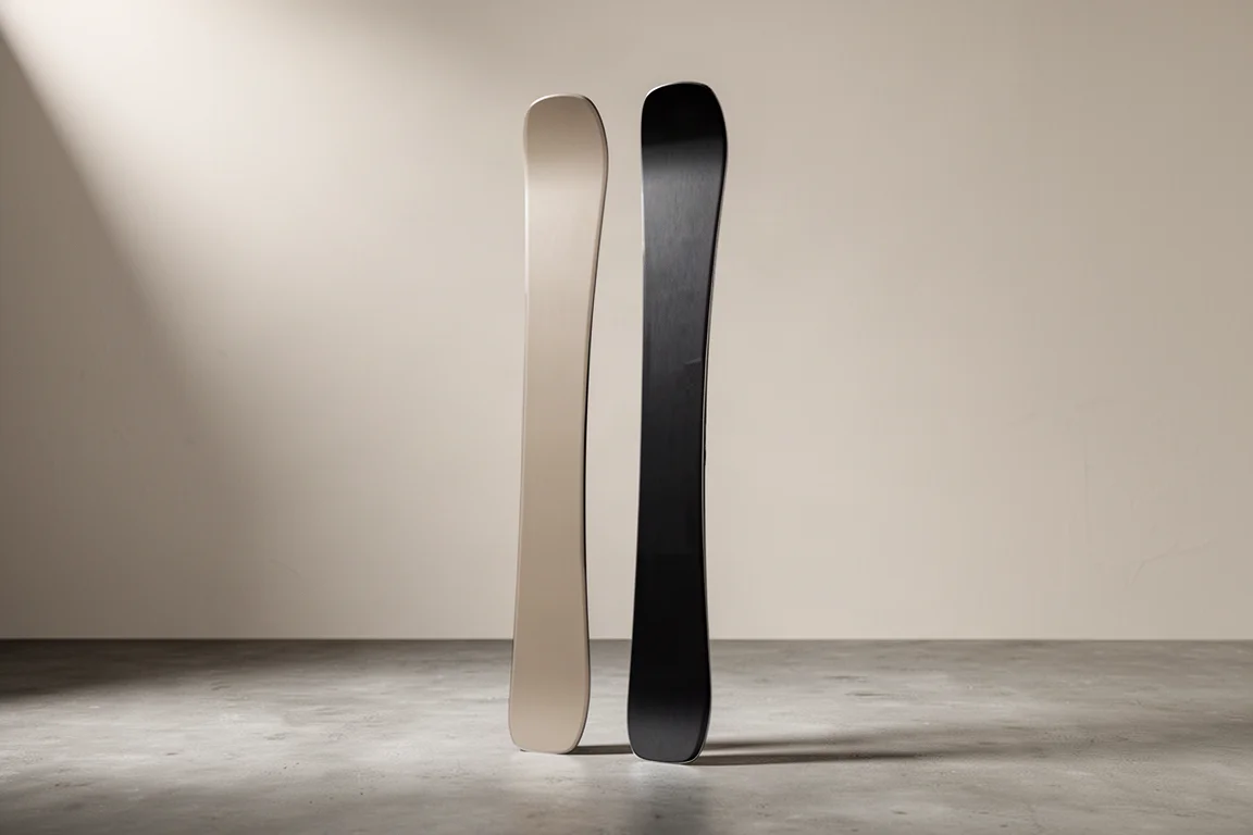 Pair of wide freestyle powder skis with pronounced rocker standing on a concrete surface