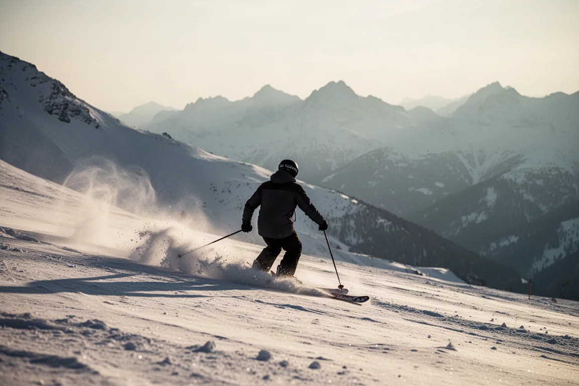 Expert skier mid-turn on a wide open alpine face in late afternoon light