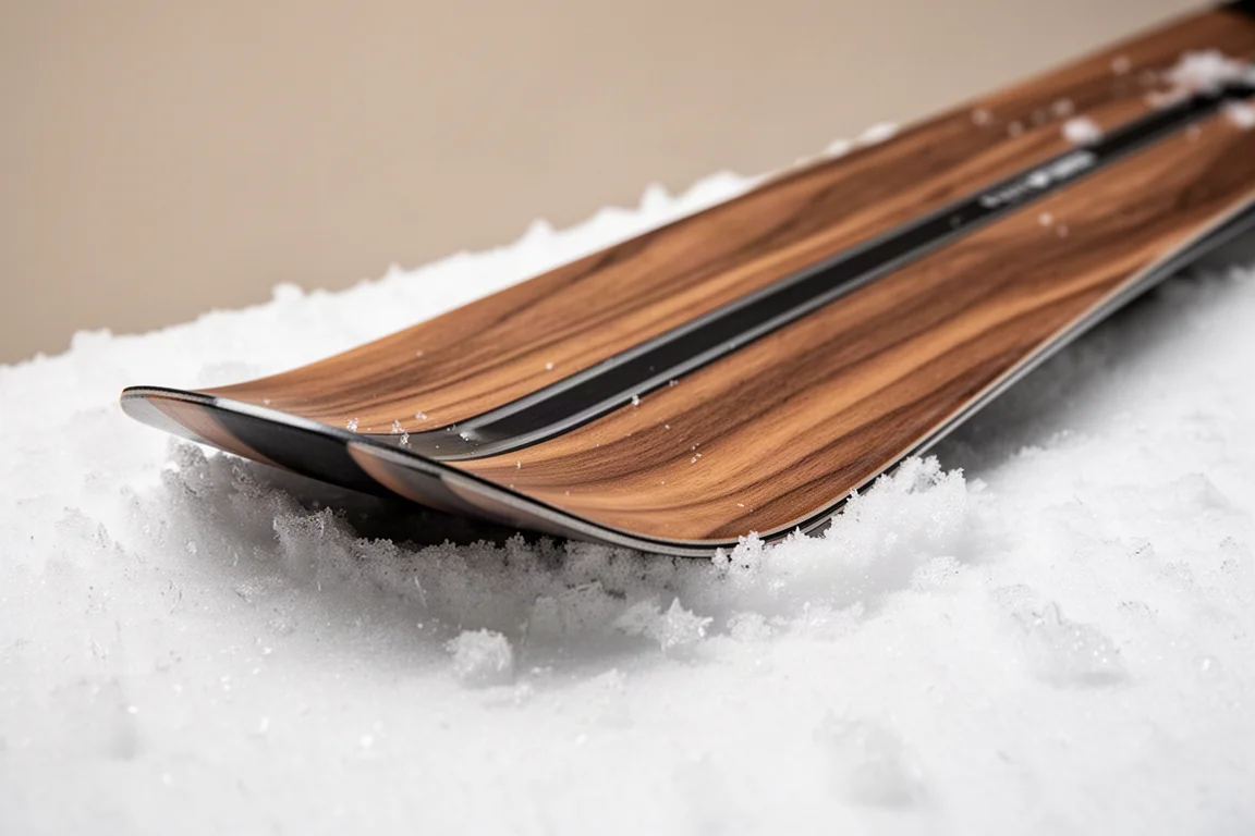 Close-up of a wide ski shovel with wood veneer topsheet resting on powder snow