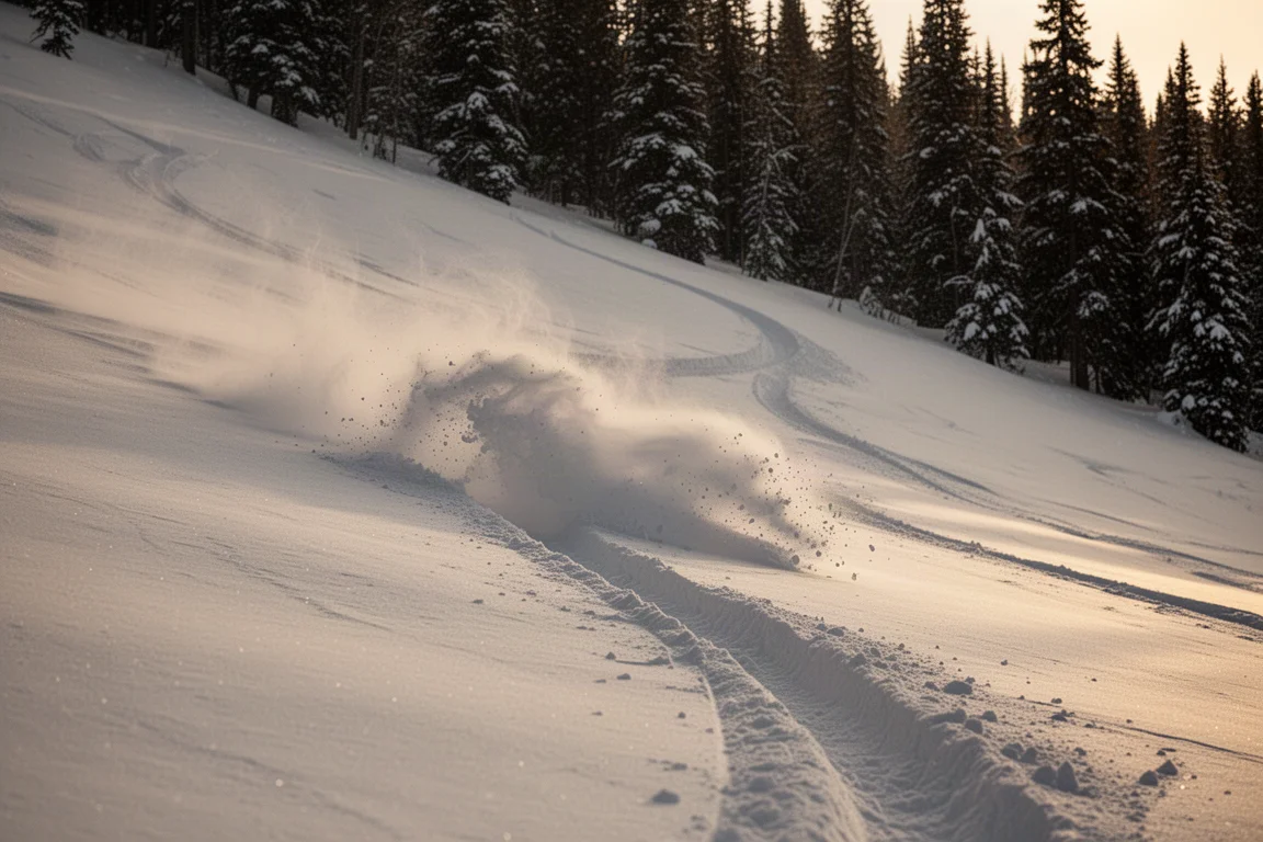 Single set of ski tracks arcing down a steep untracked powder slope at golden hour