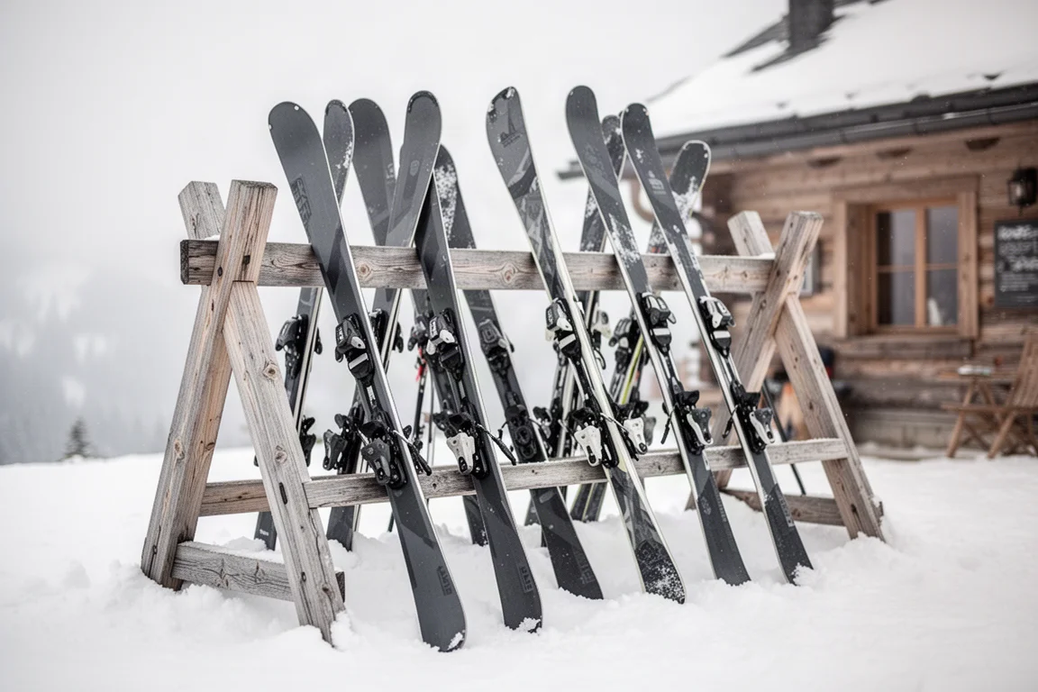Several pairs of wide freeride skis leaning against a wooden rack outside a lodge