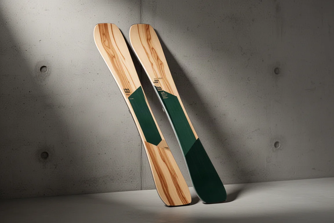 Pair of wide freeride alpine skis with wood veneer topsheets leaning against a concrete wall