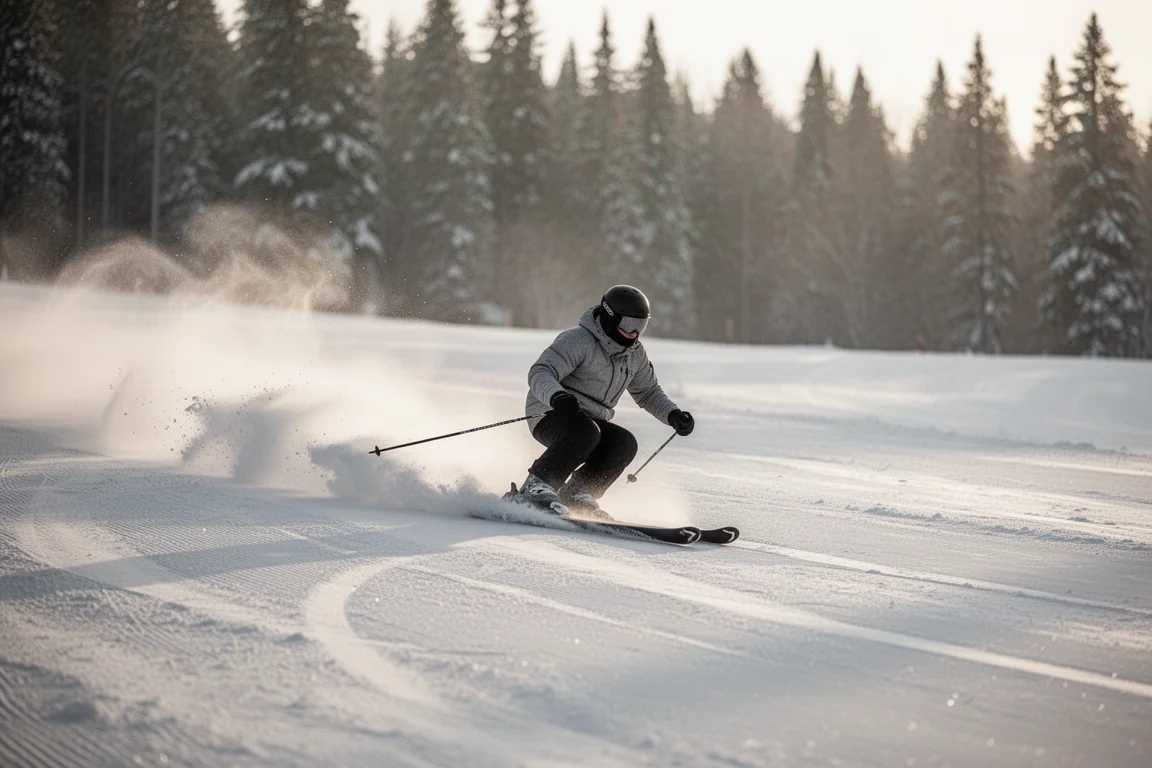 Skier weaving through tight gladed trees on a packed snow trail