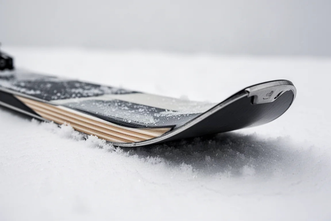 Close-up of ski tip rocker and green sidewall resting on packed snow