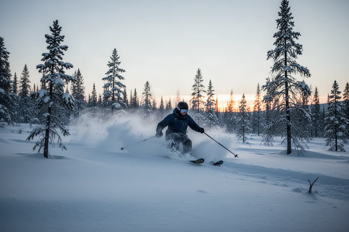 Skier carving a short swing turn on a groomed slope with snow spray