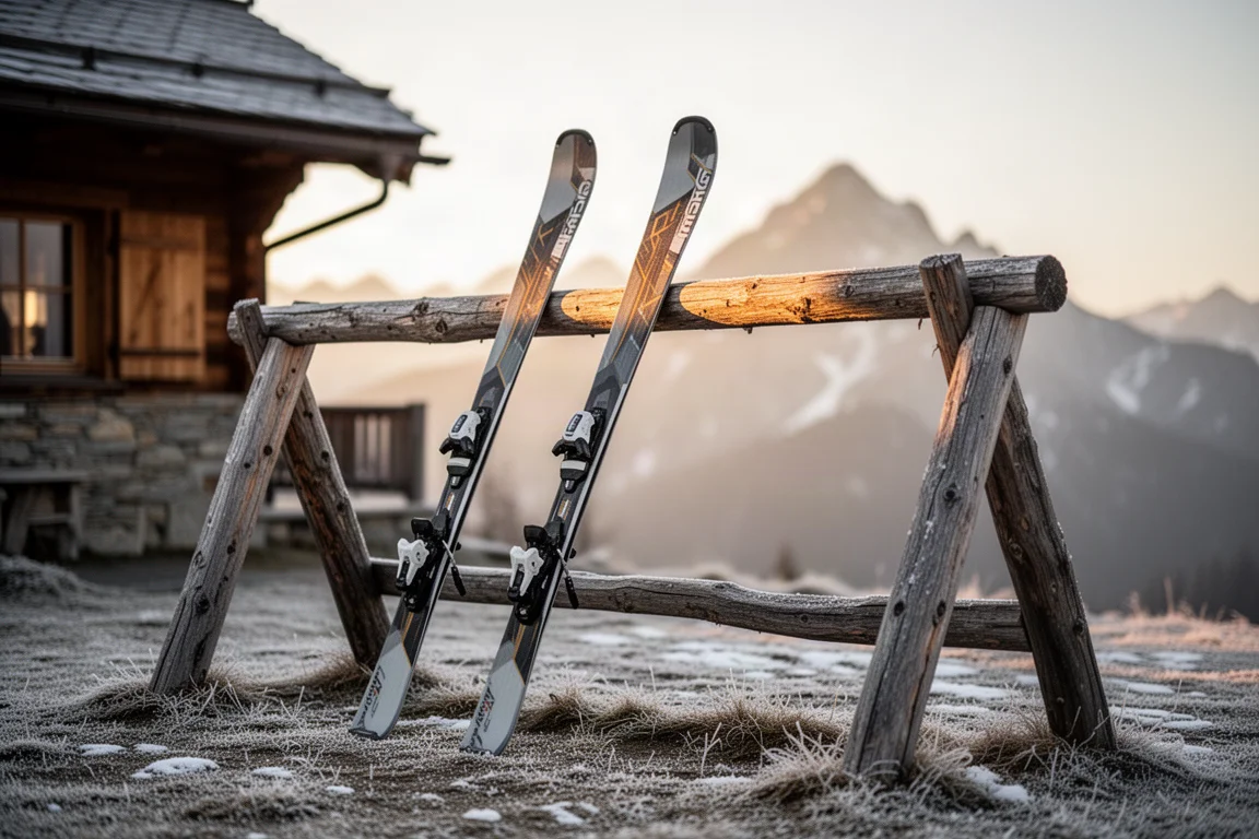 Overhead flat-lay of skis, poles, goggles, and gloves on concrete