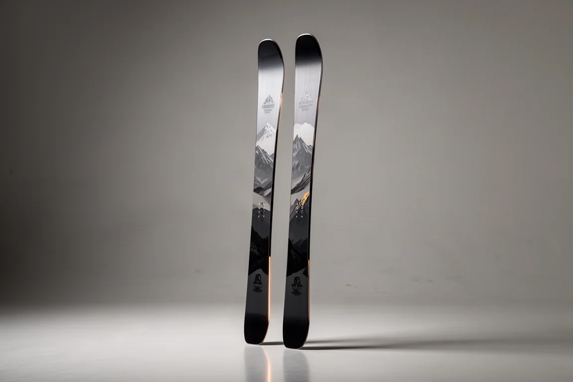 Pair of light wood-toned all-mountain skis leaning against a concrete wall
