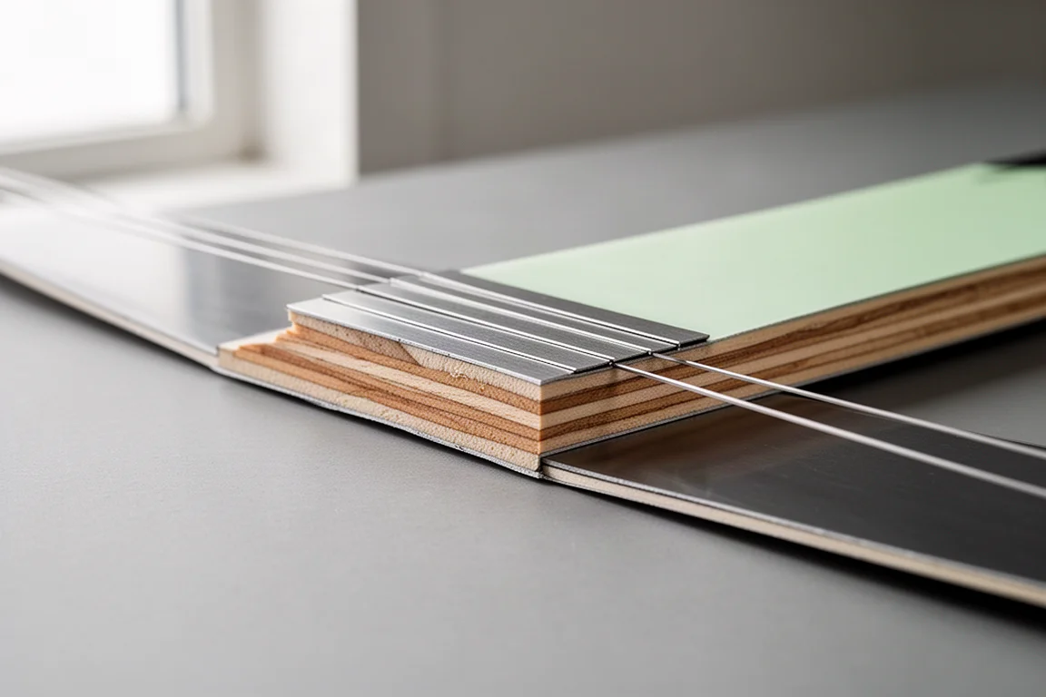 Primo piano del fianco di uno sci che mostra una sezione trasparente degli strati interni di laminato metallico