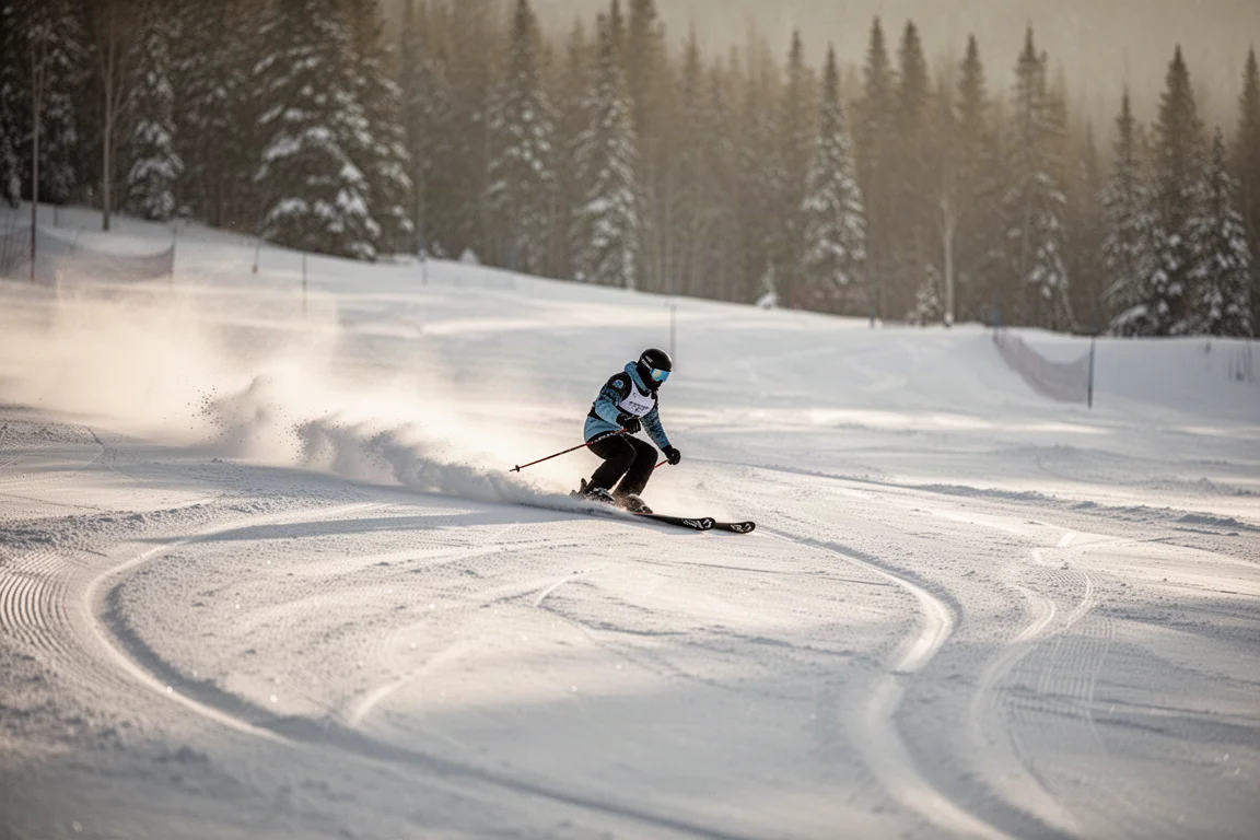 Sciatore freeride che intaglia una curva lunga su una pista battuta nella luce morbida del pomeriggio