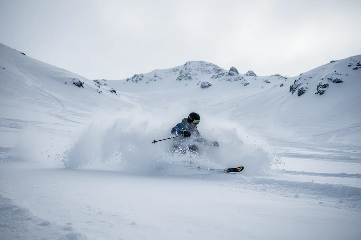 Sciatore che derapa di traverso nella neve fresca profonda, con spruzzi di neve che riempiono l'inquadratura