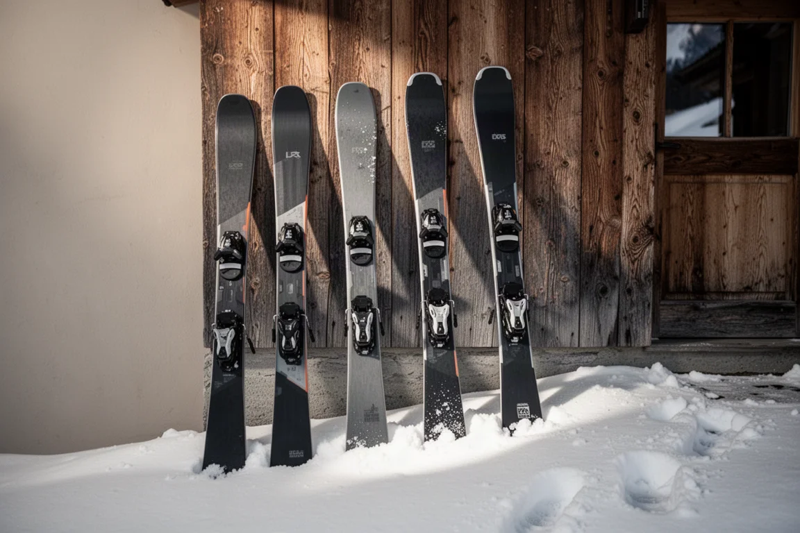 Fila di sci freeride appoggiati a una parete di legno in un rifugio di montagna
