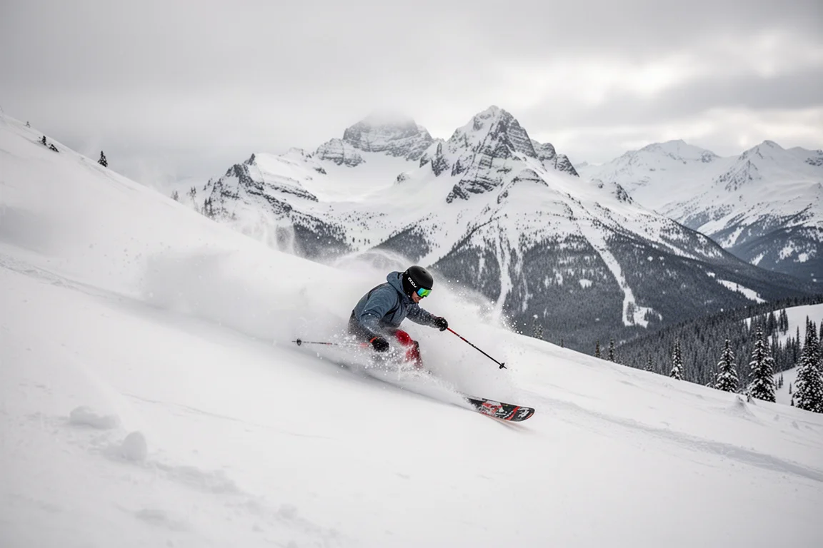 Backcountry skier carving a wide turn through fresh powder in British Columbia