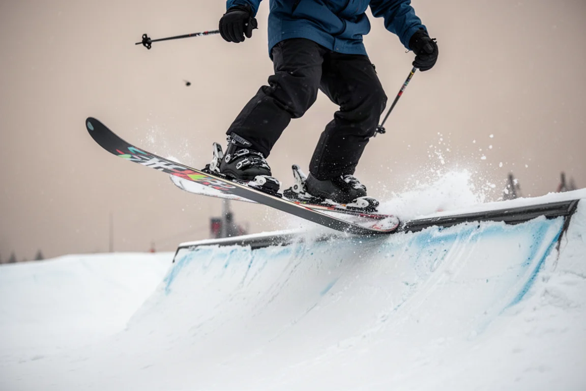 Skier pressing the tail of a ski while buttering in a terrain park
