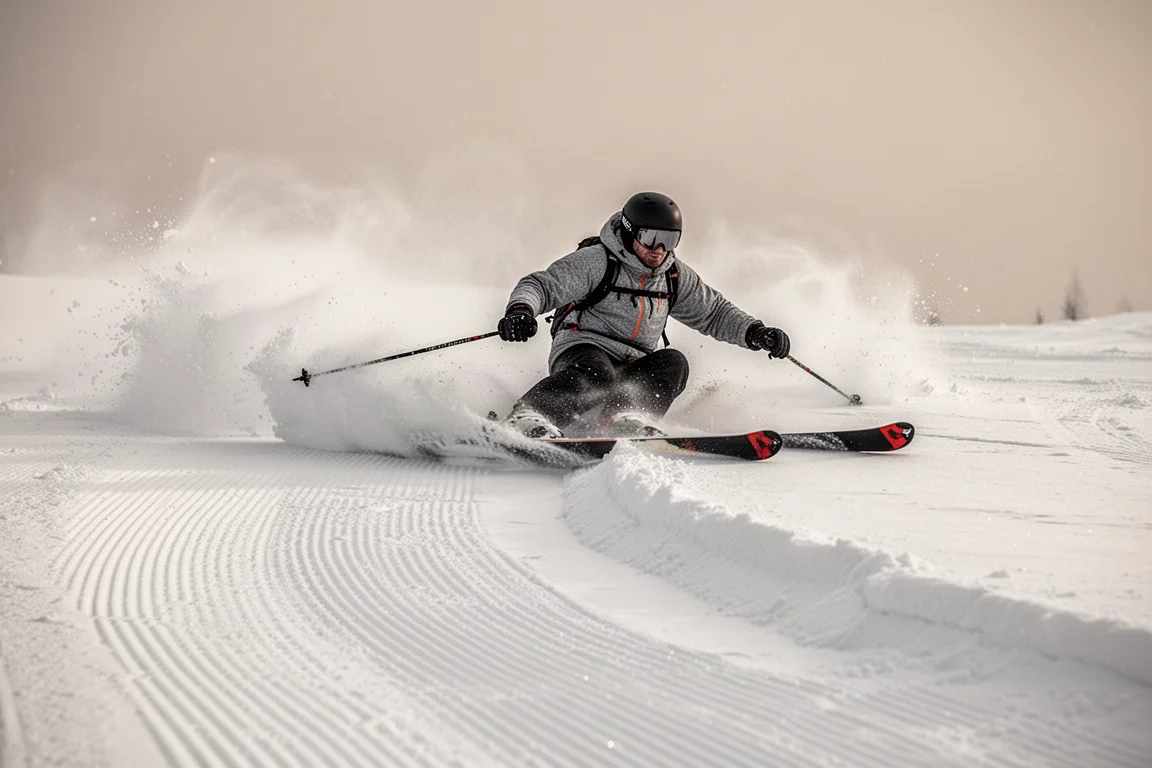 Skier laying a ski over hard on a firm carved groomer