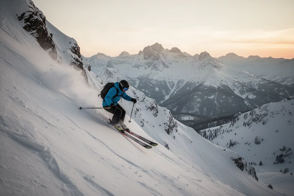 Backcountry skier charging big lines on a wide powder ski at dusk