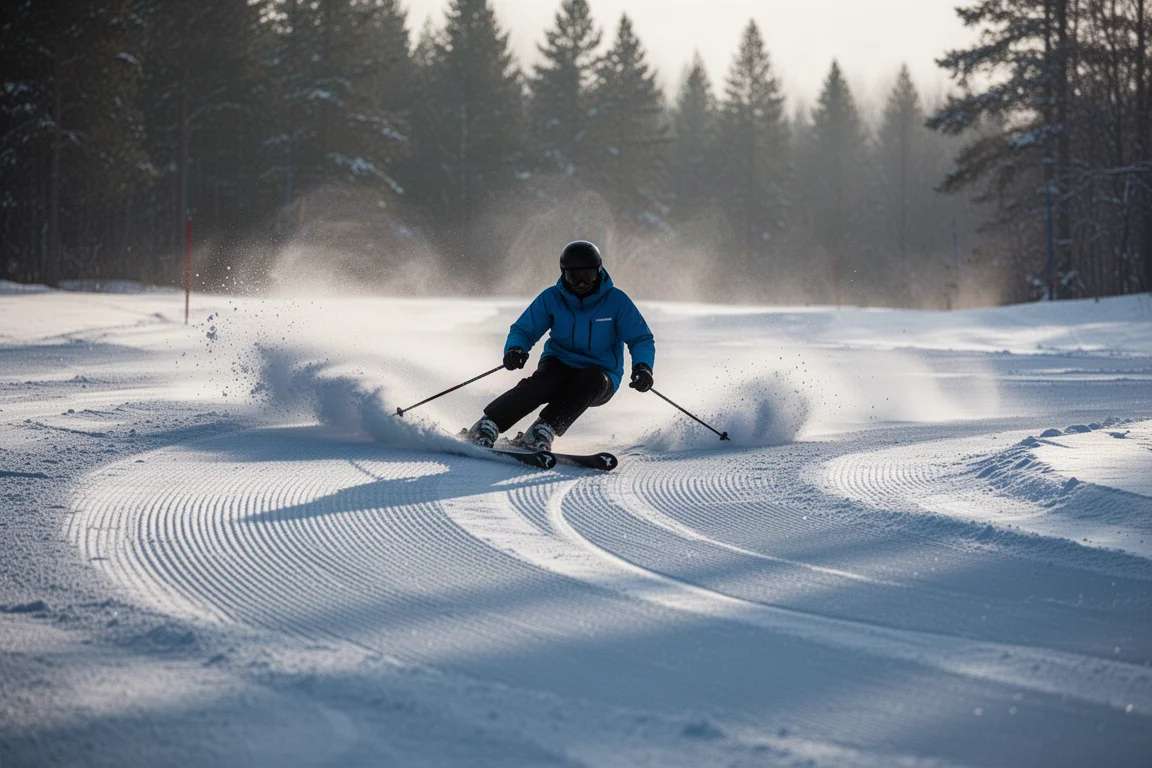 Skifahrer zieht enge Slalom-artige Schwünge auf einer präparierten Piste am Morgen, ohne Stöcke