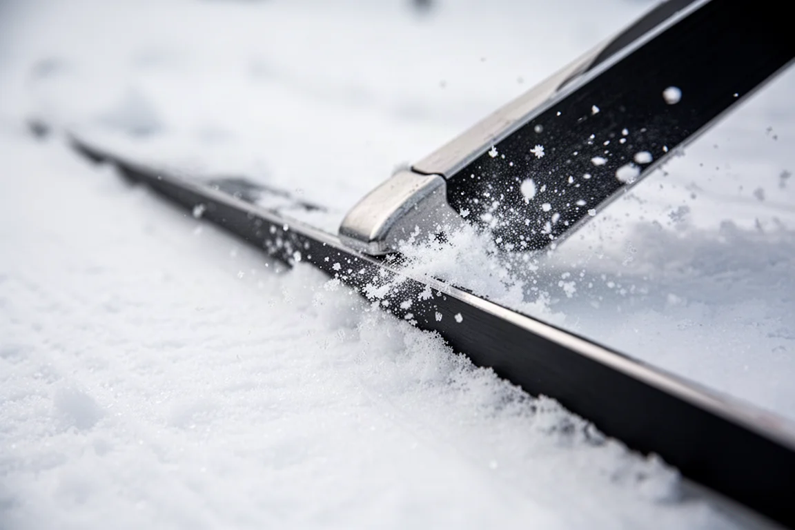 Nahaufnahme einer Skikante, die mit steilem Winkel in harten Pisterschnee beißt