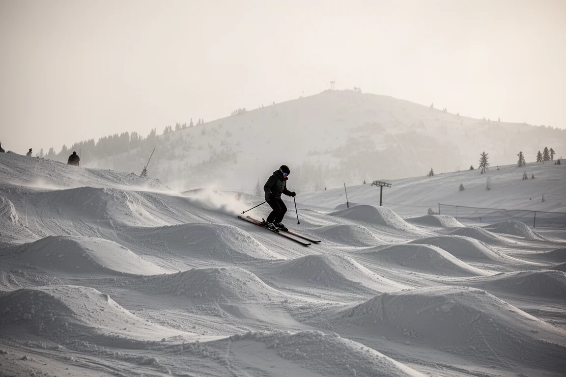 Skifahrer hält oben auf einem Buckelpiste-Feld im flachen Nachmittagslicht inne
