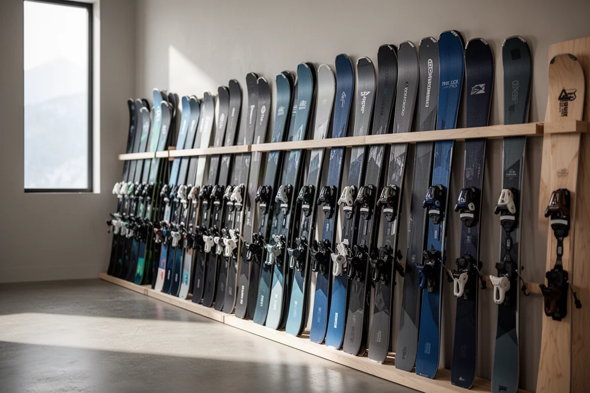 Wand im Skishop mit Reihen von Freeride-Skis, die in einem Regal lehnen