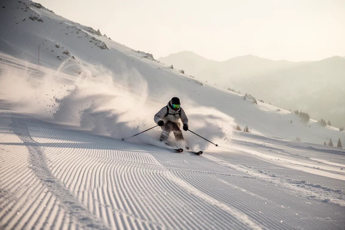 Skier carving tight turns on groomed snow under soft morning light