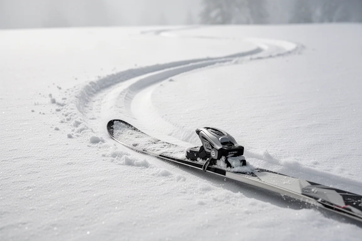 Close-up of a ski edge biting into slushy spring snow
