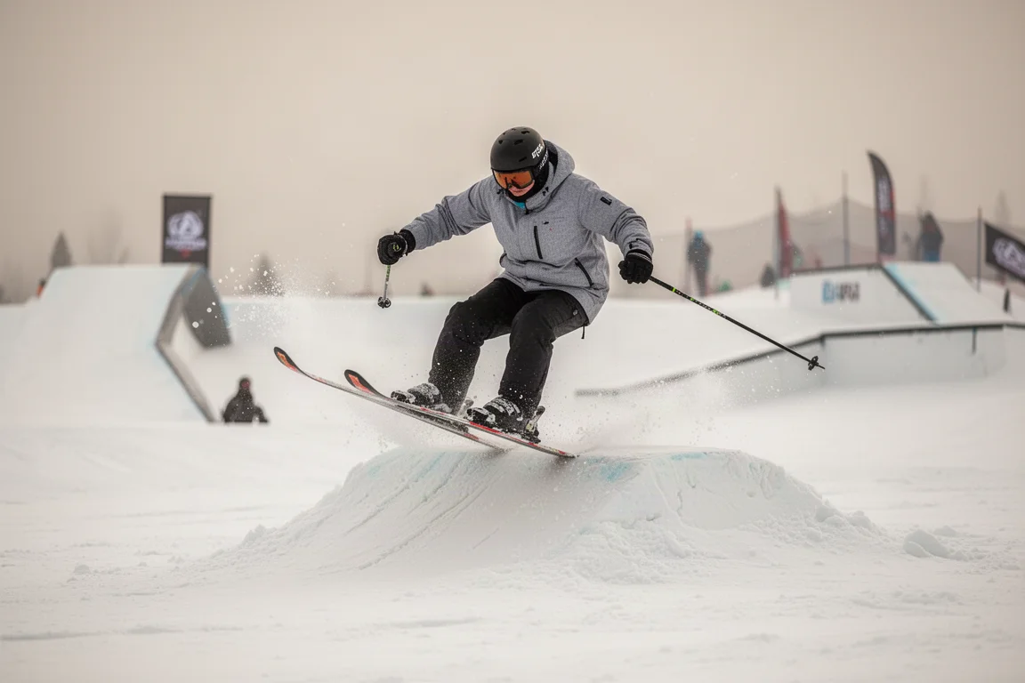 Skier riding switch down a groomed slope in soft daylight