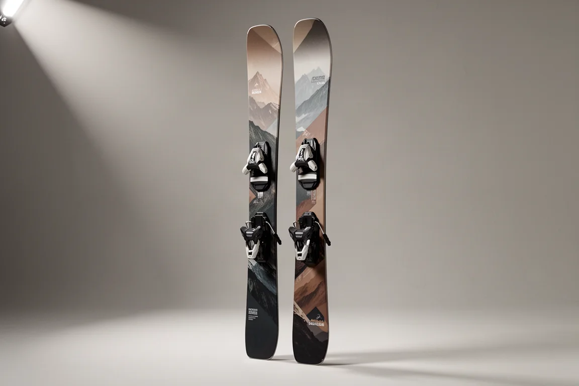 Pair of wide-tipped carving skis crossed on a concrete surface