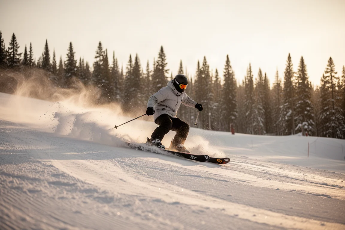 Freestyle skier mid-butter on a groomed slope at golden hour