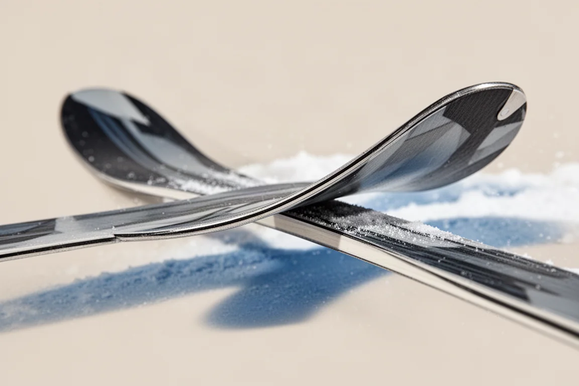 Close-up of twin-tip ski tips and tails bending under load