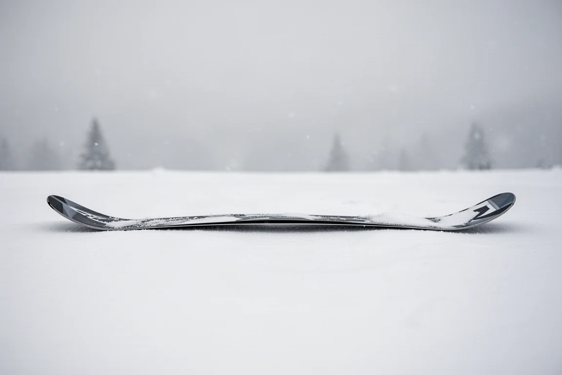 Profile view of a ski showing rocker and camber against snow