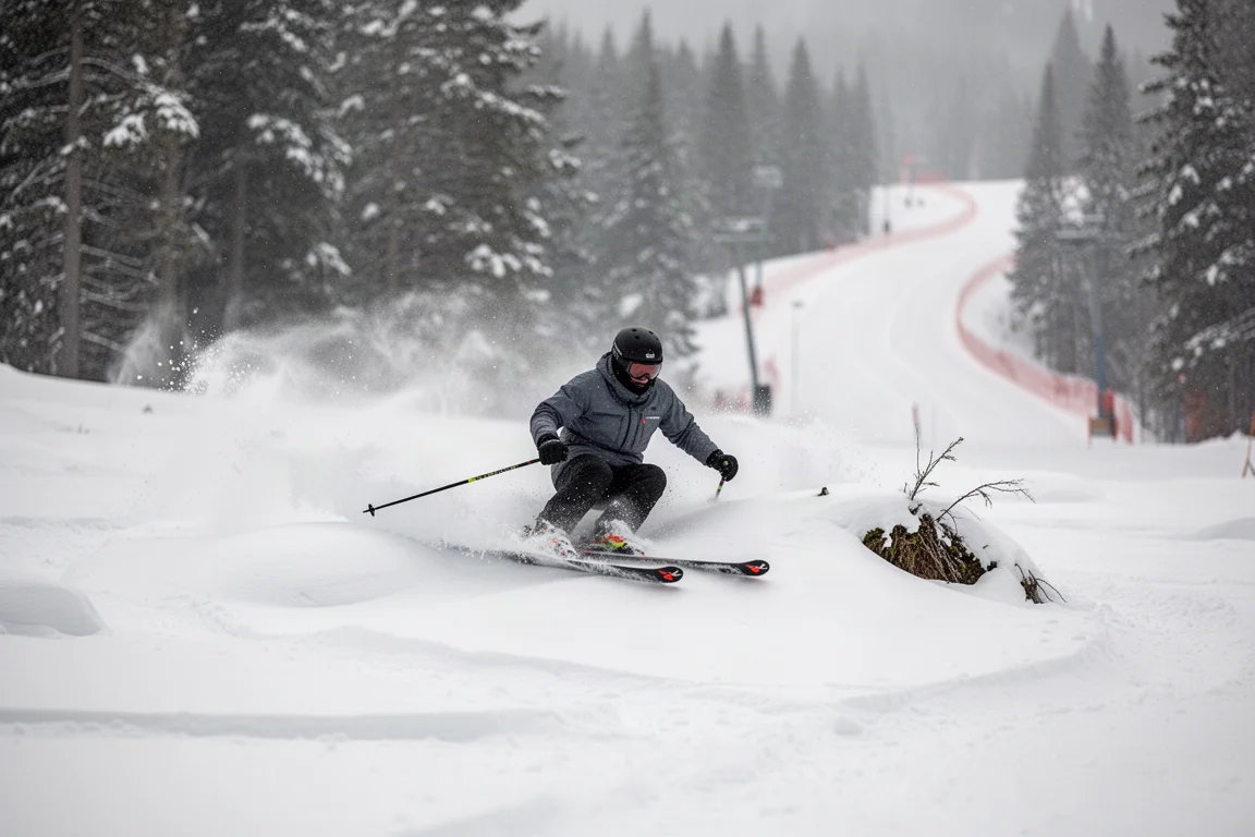 Skier weaving through moguls and jibbing along a trail edge