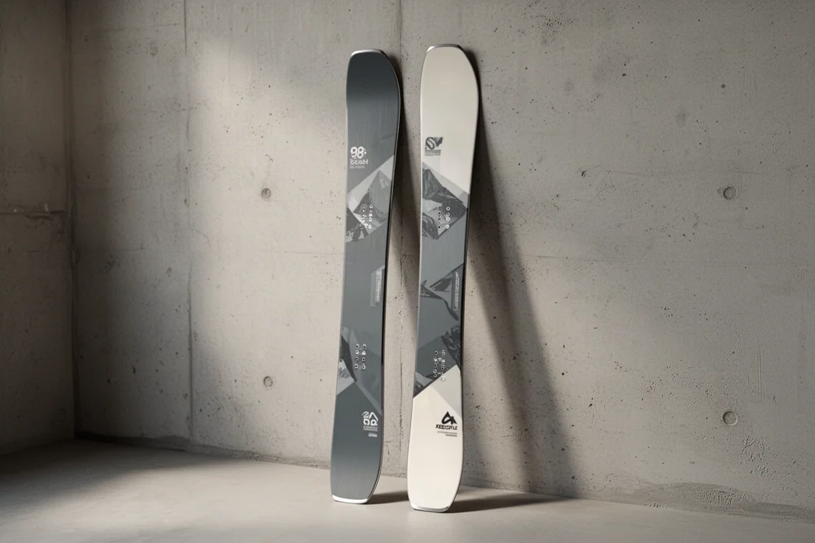 Pair of freestyle twin-tip skis standing upright against a matte concrete wall