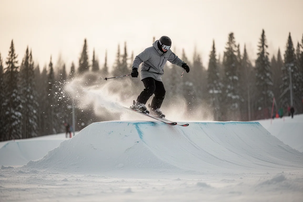 Freestyle skier buttering on a nose press across a snow park feature