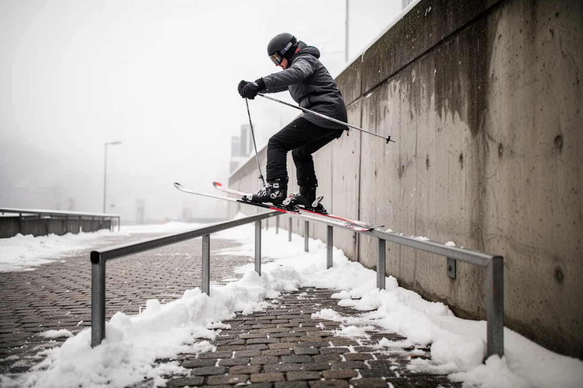 Skier sliding a metal rail at an urban street skiing spot
