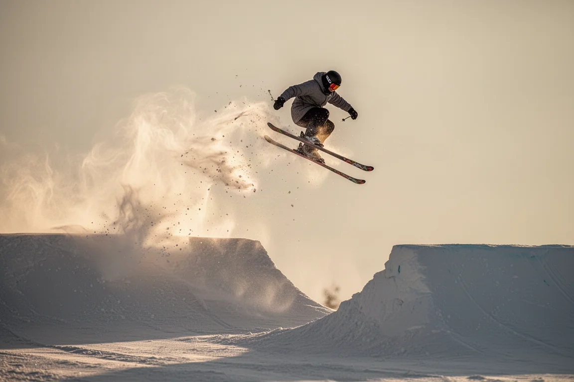Skier landing a jump with snow dust drifting in soft light