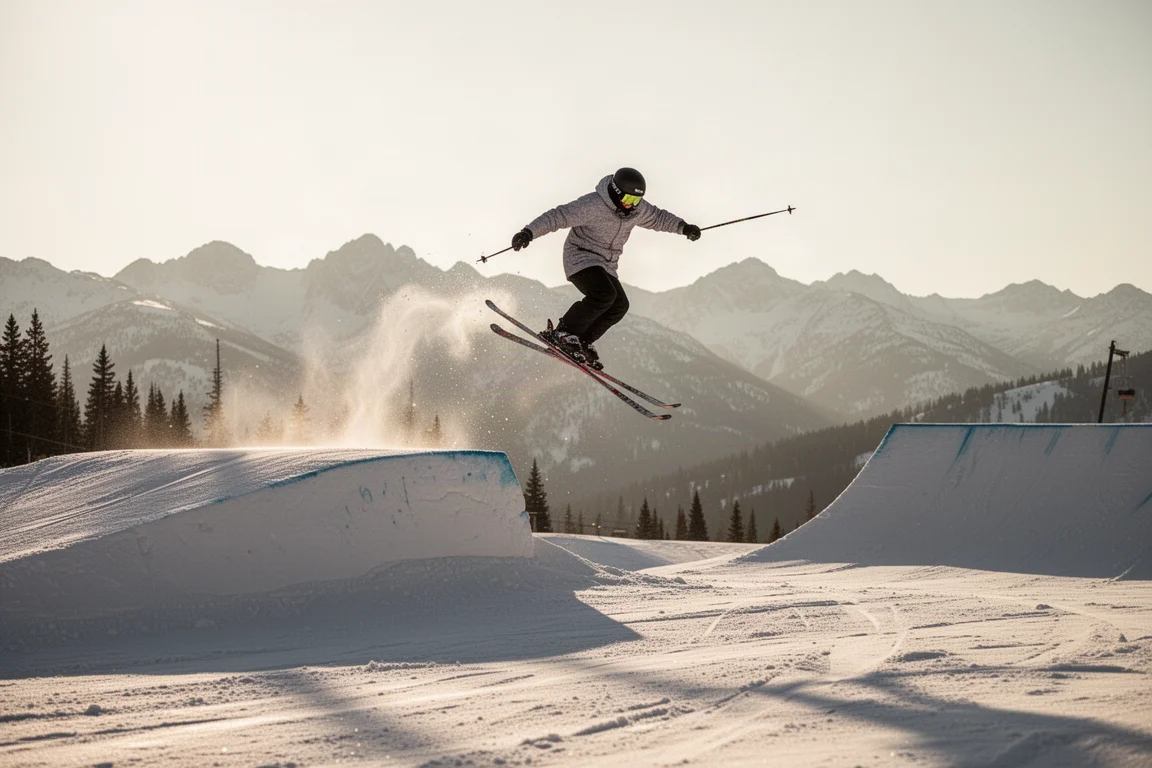Skier popping off a lip with skis flexed in a playful tail butter