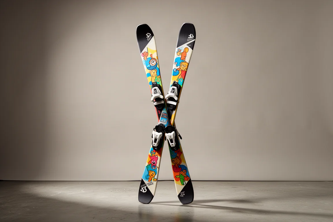 Pair of wide freestyle skis crossed upright against a grey backdrop
