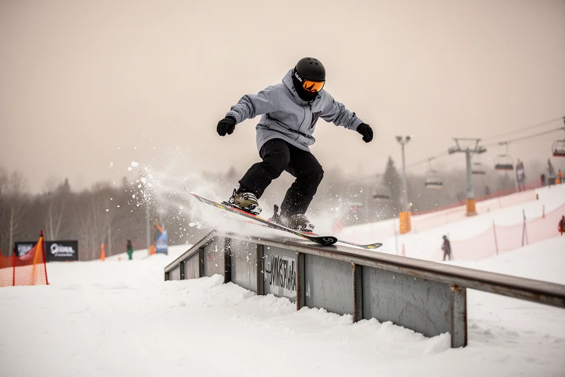 Freestyle-Skifahrer drückt sich an einer Parkbox in einem Skigebiet