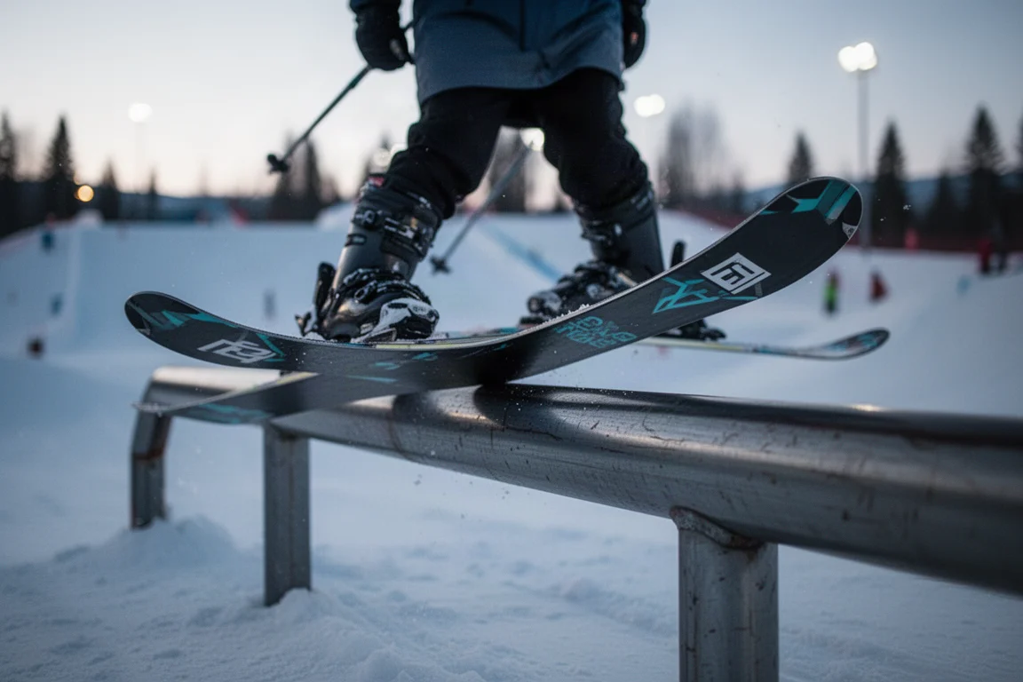 Nahaufnahme eines auf einer Box durchgebogenen Skis in der Abenddämmerung