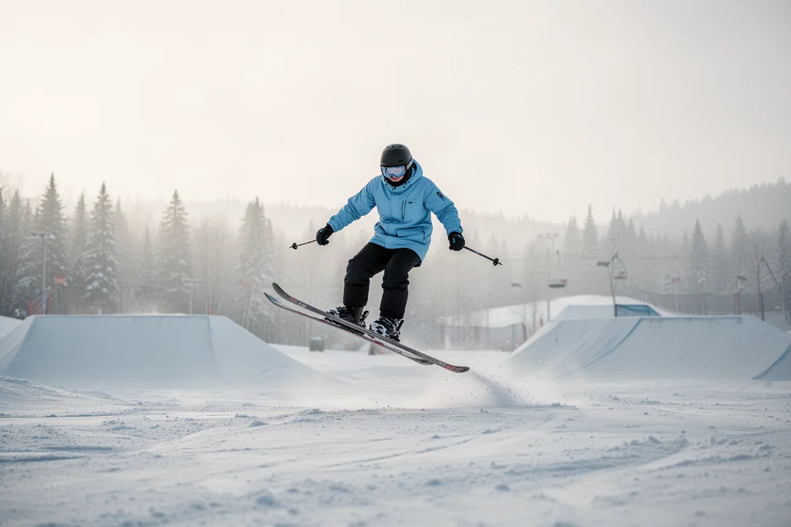 Skifahrer macht einen Butter auf flachem Schnee im Terrainpark