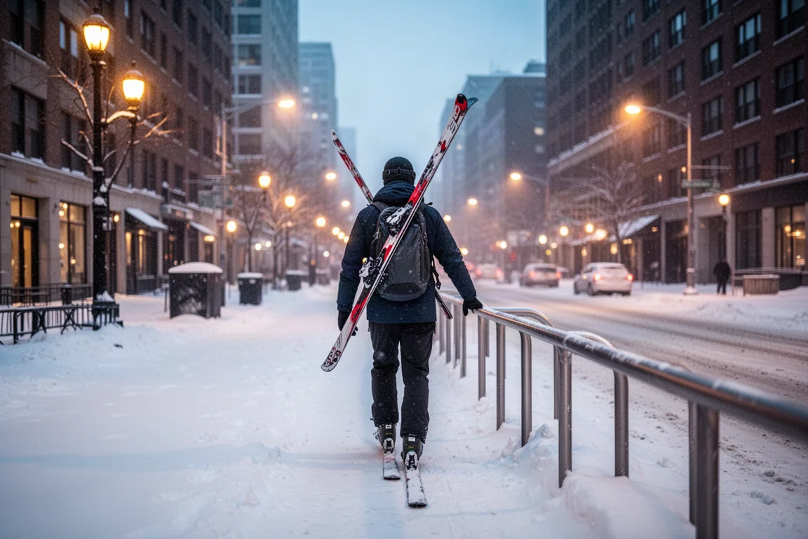Skifahrer nähert sich einer Handläufe-Box auf einer verschneiten Stadtstraße in der Abenddämmerung
