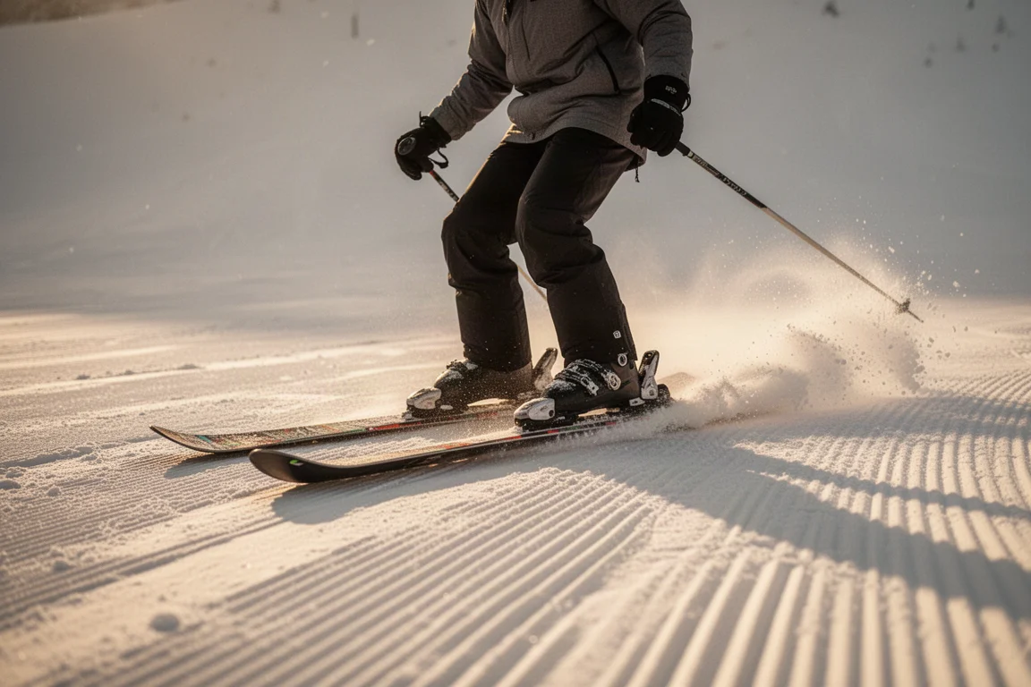 Esquiador de freestyle presionando un esquí twin-tip encerado en una pista preparada al atardecer