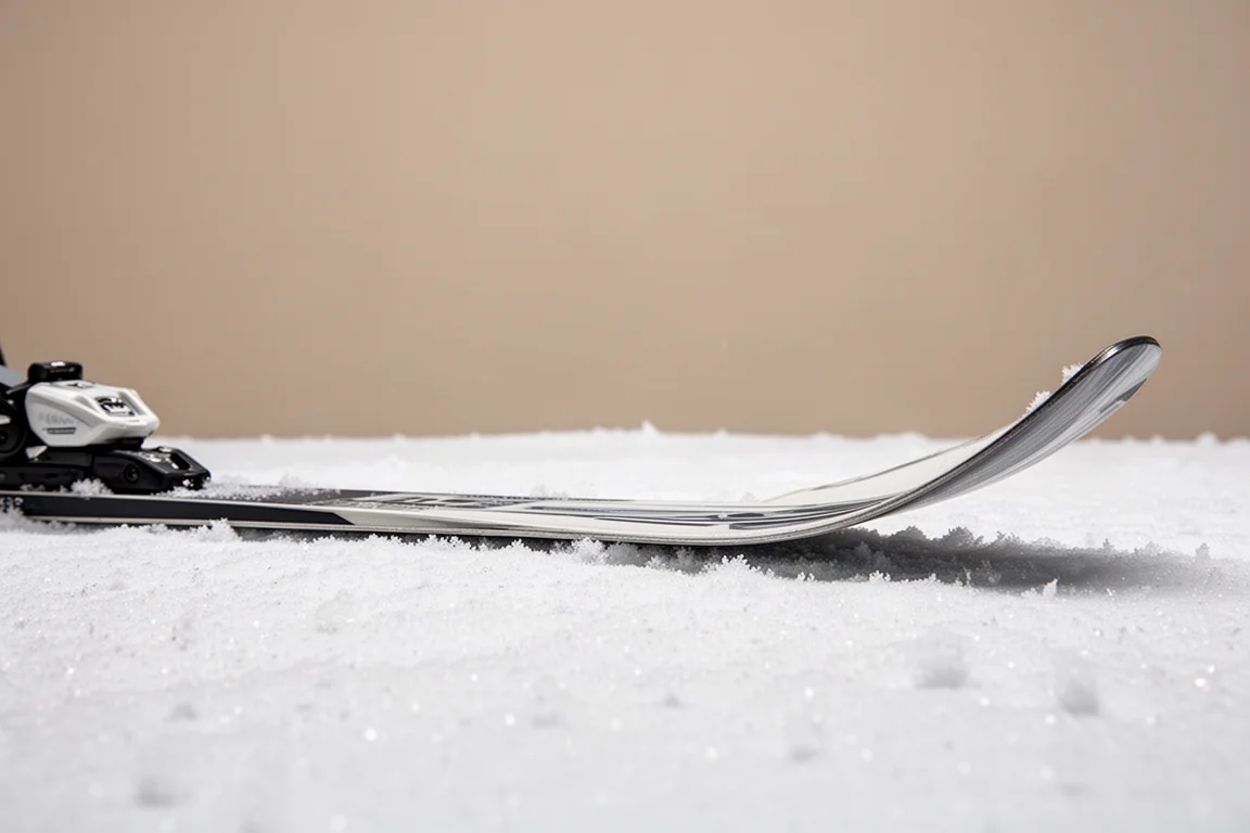 Primer plano de una punta de esquí muy flexible doblándose contra la nieve compactada