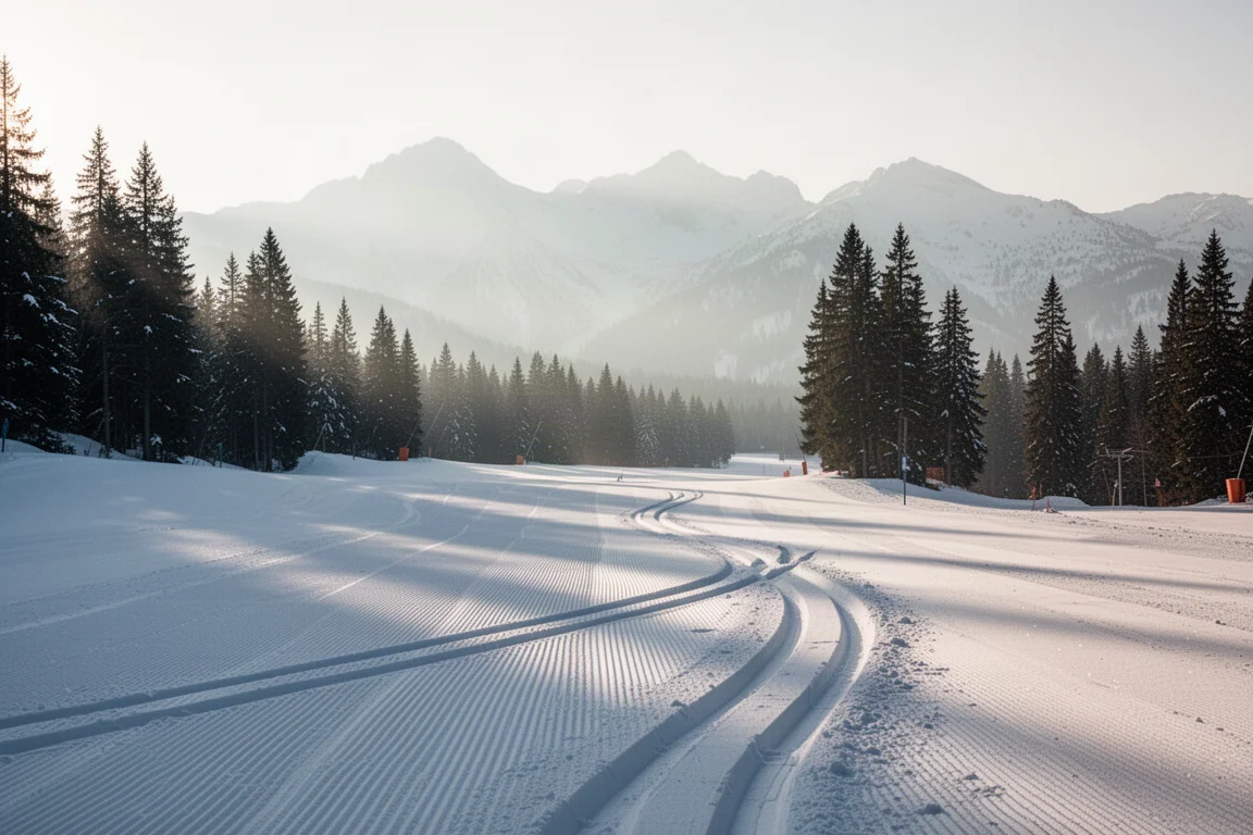 Freeride skier tracked through soft powder in a wide alpine bowl at golden hour