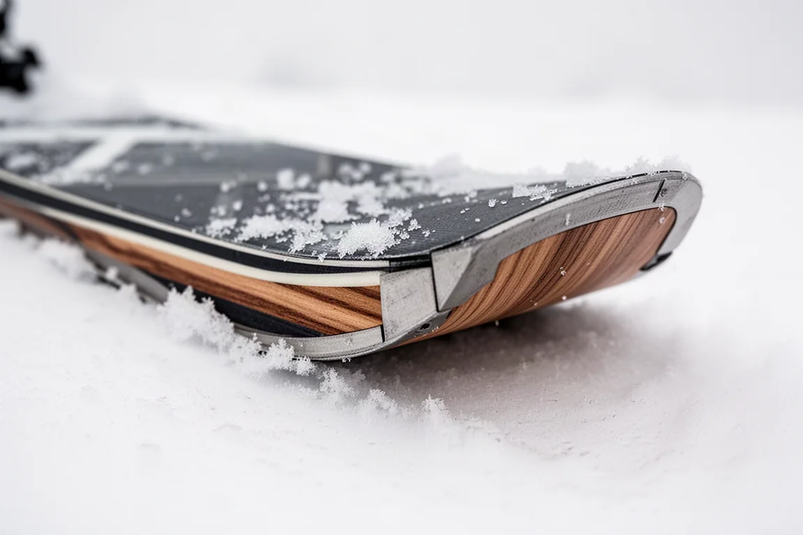 Close detail of a ski edge and thick base resting on packed snow